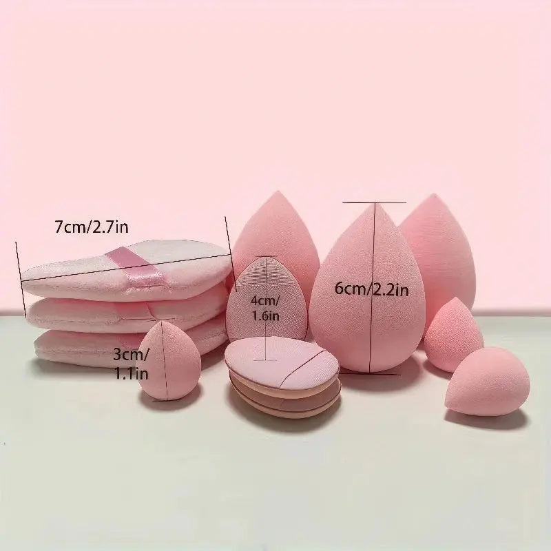 Makeup sponge set with egg-shaped sponges, shown with size measurements.