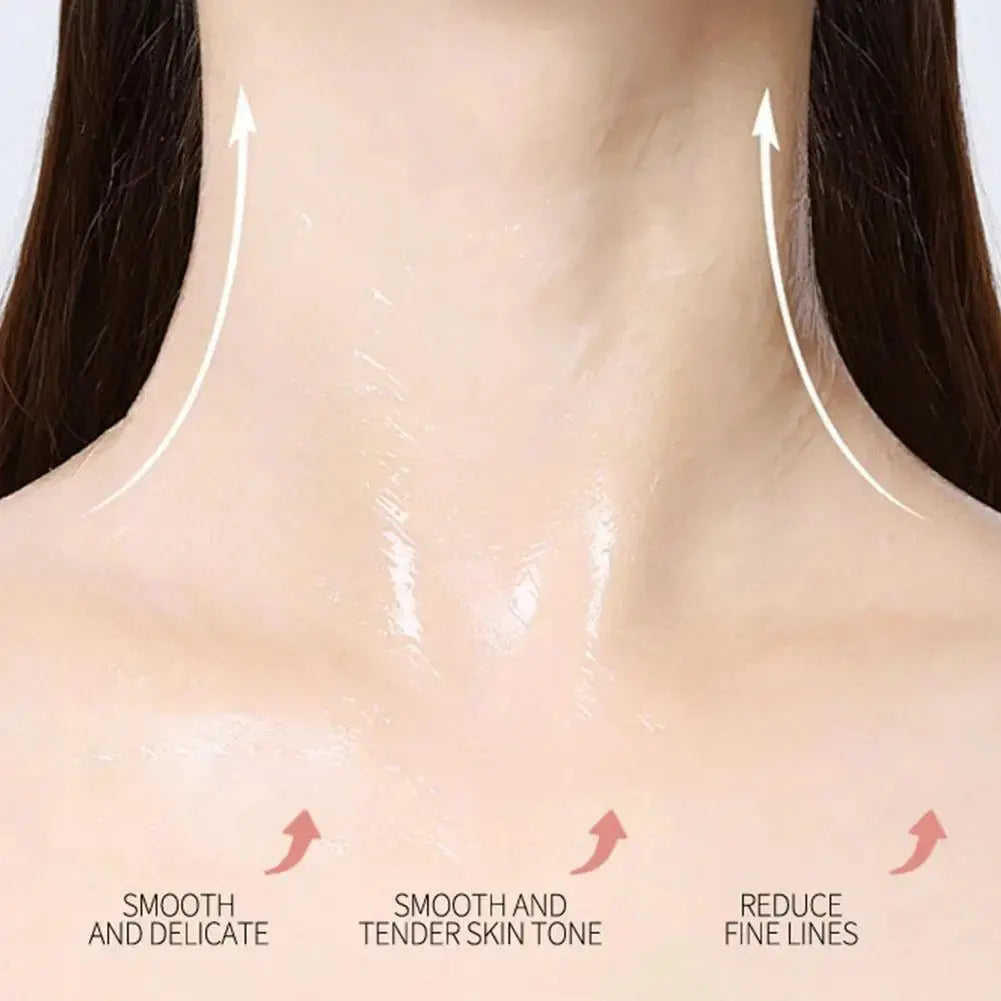 Balm applied to neck area with smooth, even-tone and reduce fine lines arrows