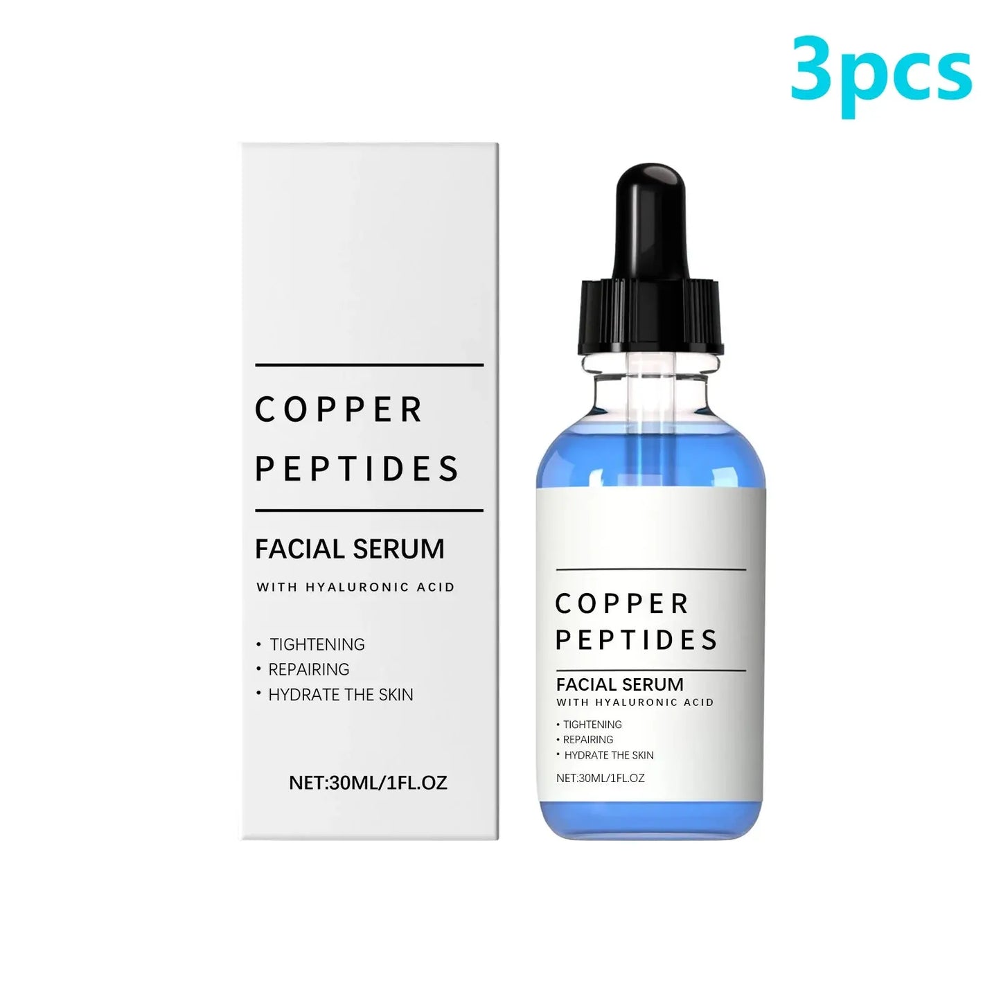 Copper peptides facial serum bottle with dropper and blue liquid, blue-and-white label