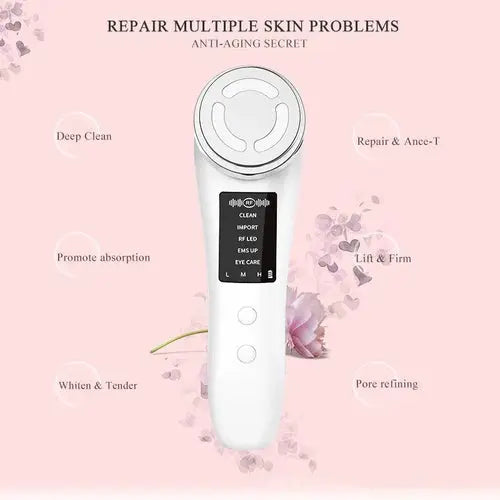 White handheld anti-aging skin care device with circular treatment head and control panel