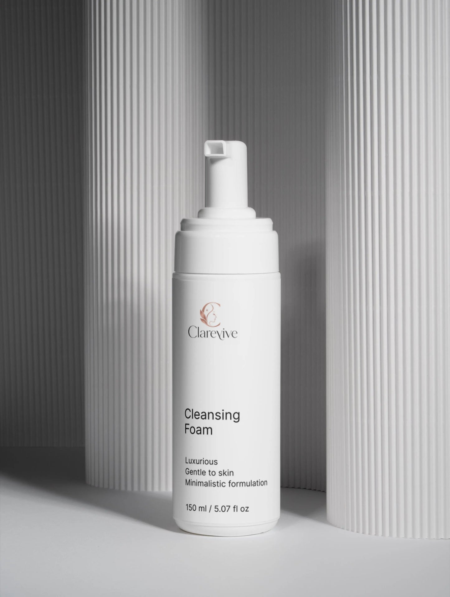 Clareve cleansing foam pump bottle, white, front label and pump