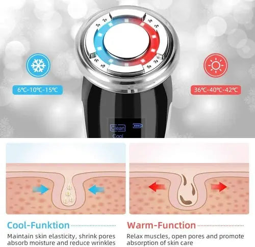Anti-ageing massager head close-up with blue and red temperature lights