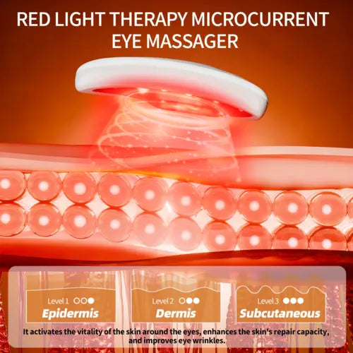 Red LED eye massager device with illuminated LED array and microcurrent glow