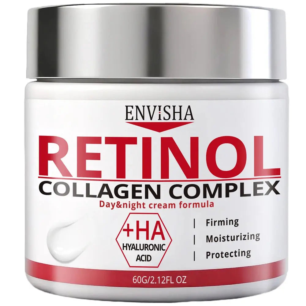 ENVISHA retinol collagen complex face cream, white jar with red RETINOL label