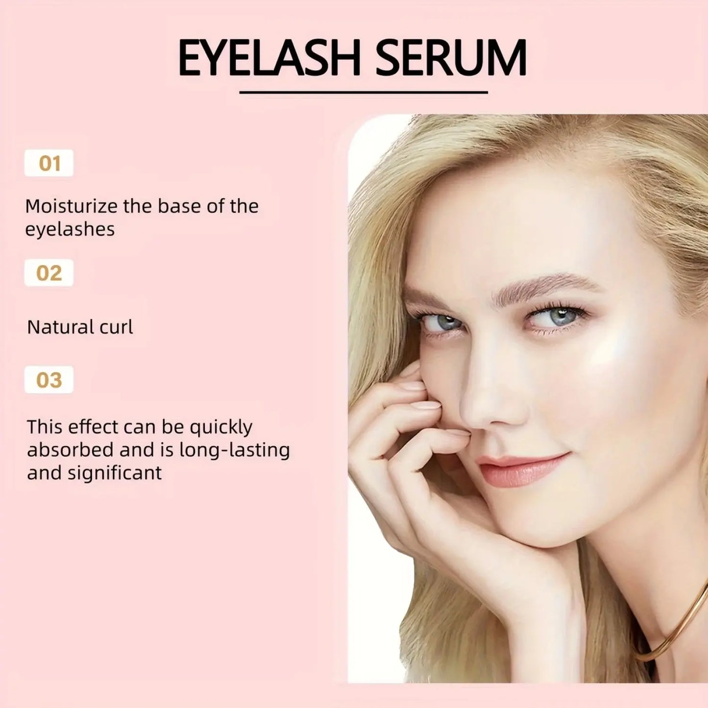 Eyelash serum on a model’s face with a panel showing lash care steps