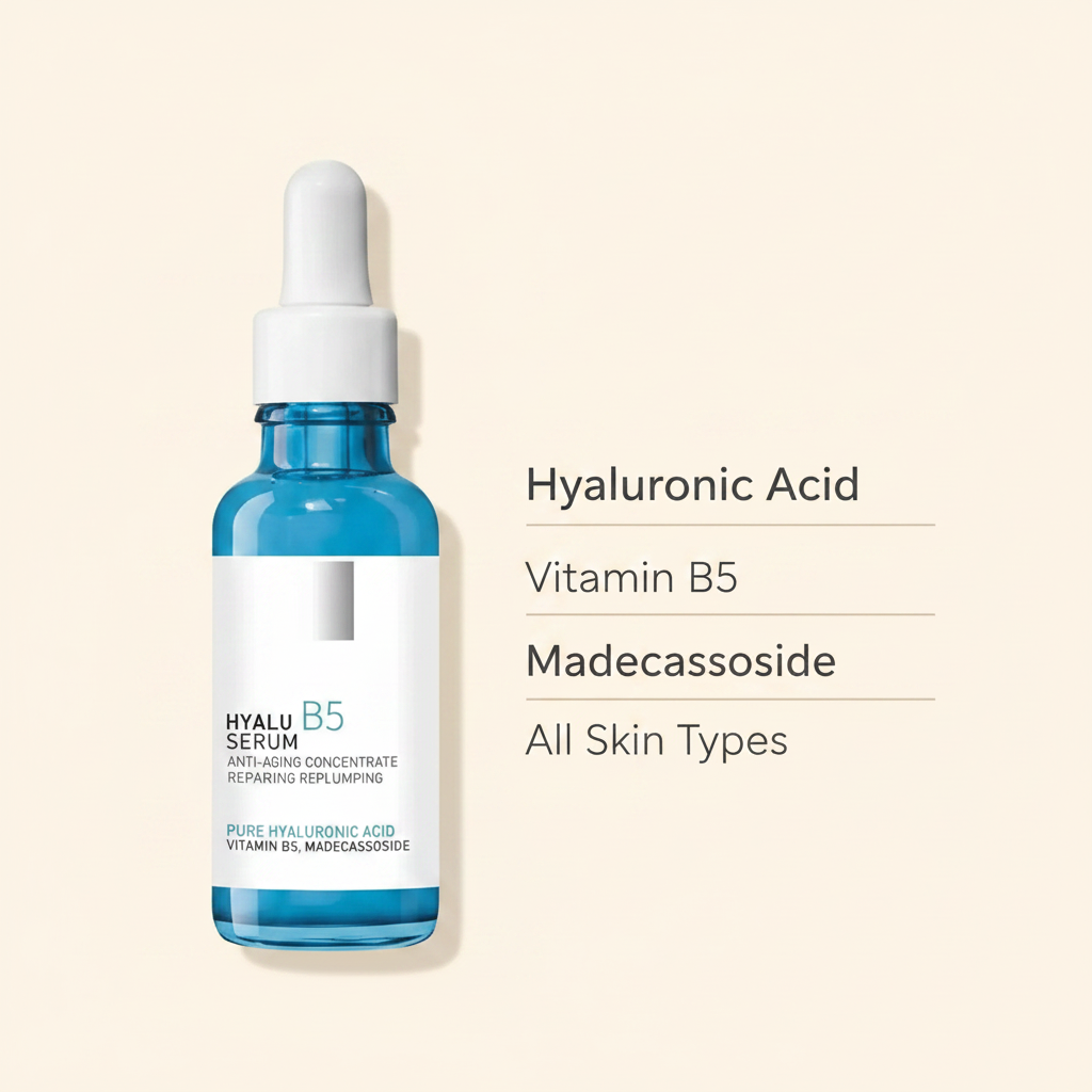 Hydrating serum bottle with dropper; Hyaluronic Acid, Vitamin B5, Madecassoside