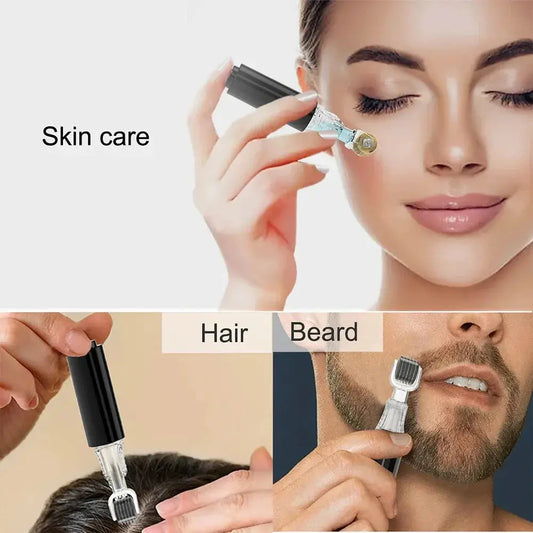 Micro infusion roller applicator being used near eyebrows with a black handle