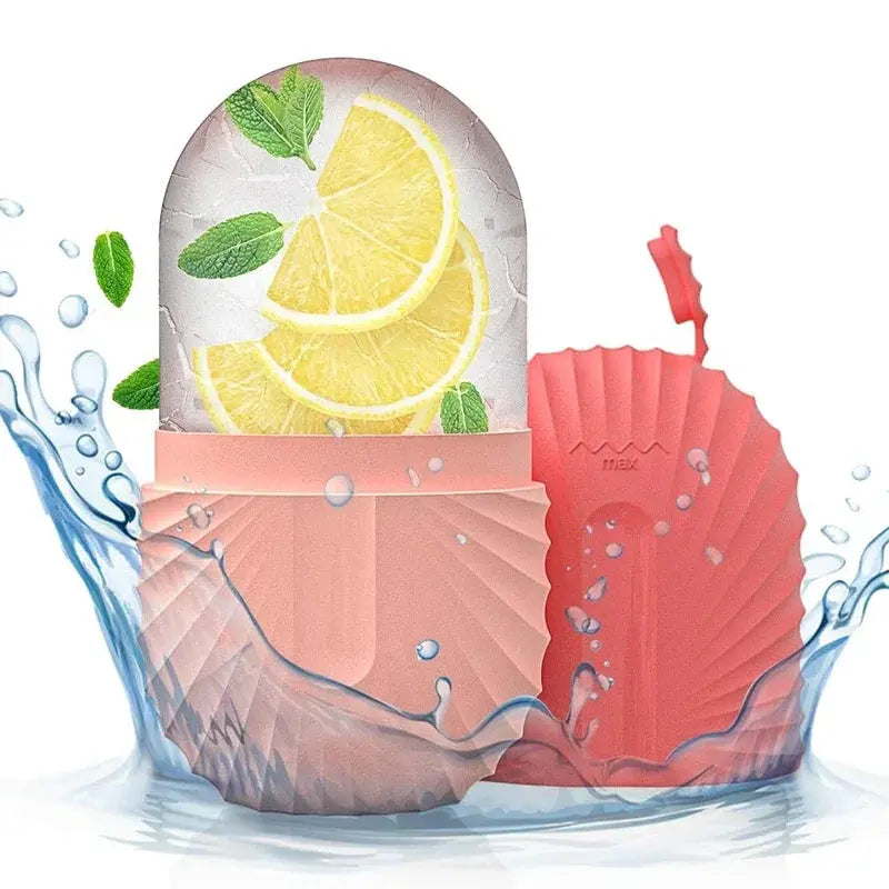 Silicone ice facial roller with coral silicone body and lemon slice ice dome
