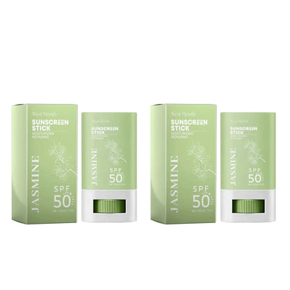 Jasmine SPF 50+ sunscreen stick set: green boxes and stick containers