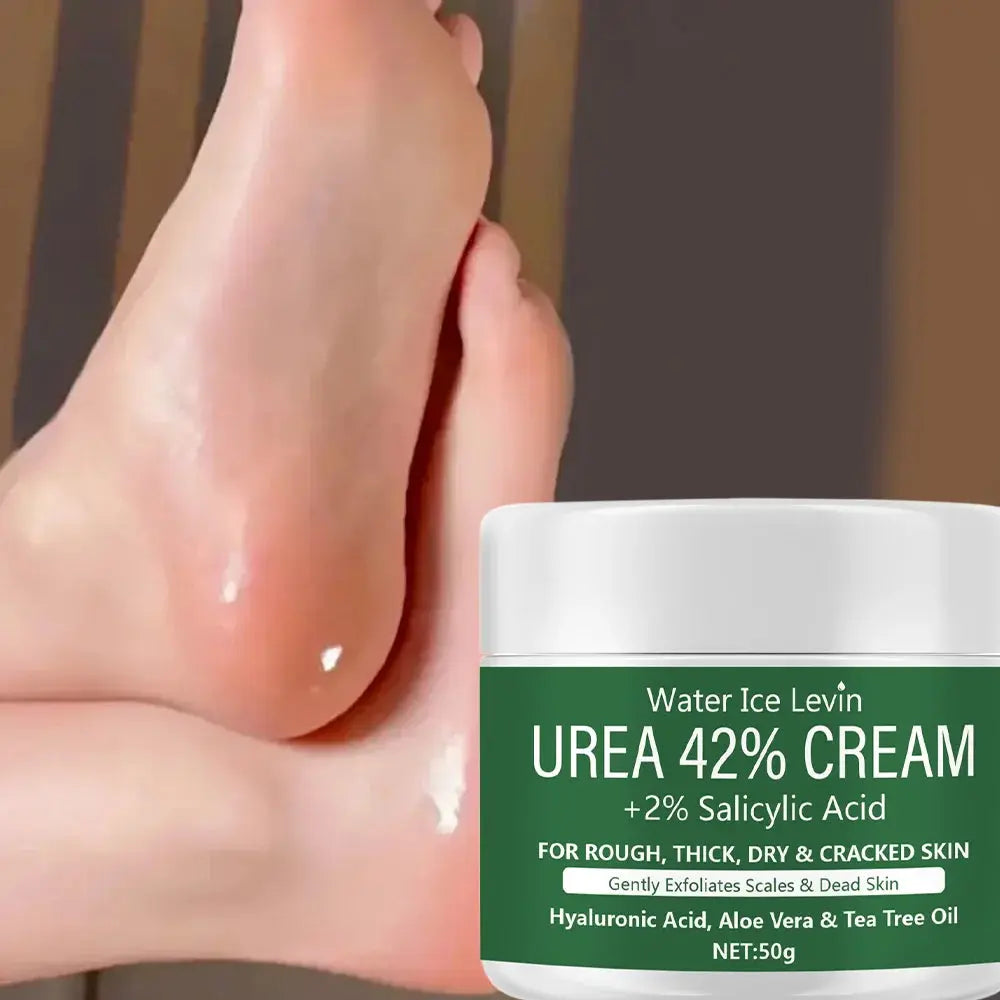 Urea 42% cream jar with 2% salicylic acid label beside moisturized foot.