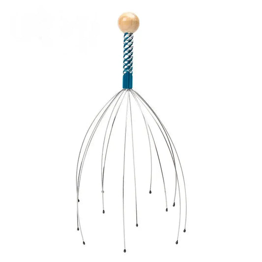 Octopus head scalp massager with teal braided handle, gold wood ball, metal wire tentacles