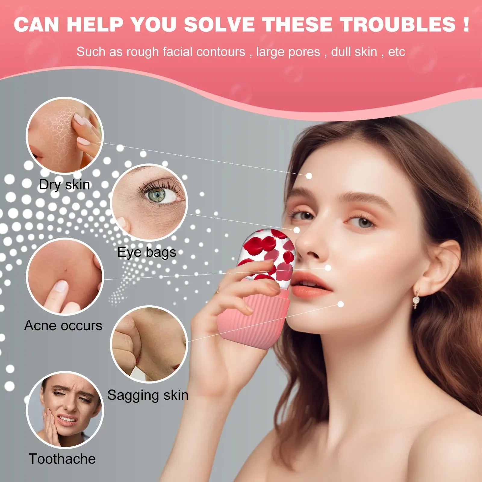 Pink silicone face ice cube mold in use, shown near a person’s face