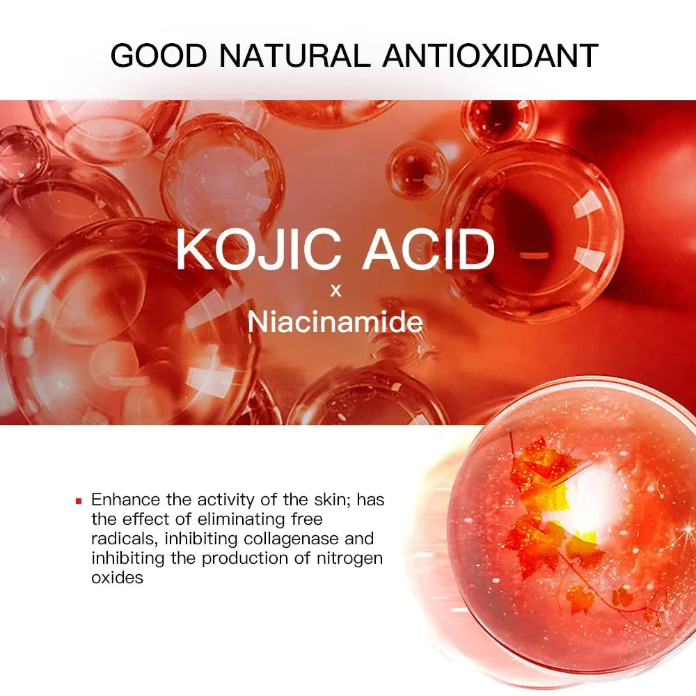 Kojic acid face serum gel jar with red bubbles antioxidant graphic