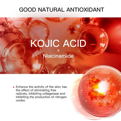 Kojic acid face serum gel jar with red bubbles antioxidant graphic