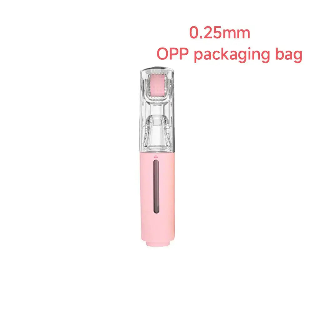 Pink micro-infusion roller applicator with clear roller head and black button