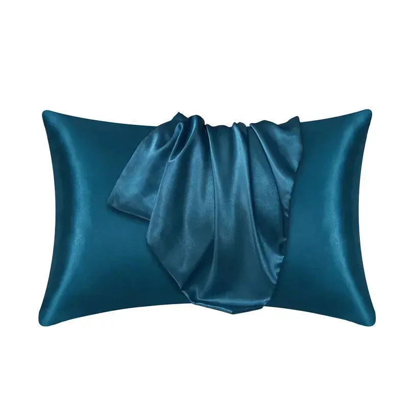 Teal satin silk pillow case with gathered center flap detail