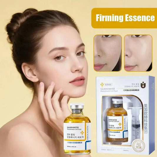 Amber face serum bottle with white cap and dropper, plus boxed package insert