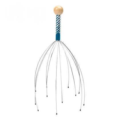Octopus-style scalp massager with wire tentacles and teal spiral handle, wood top knob