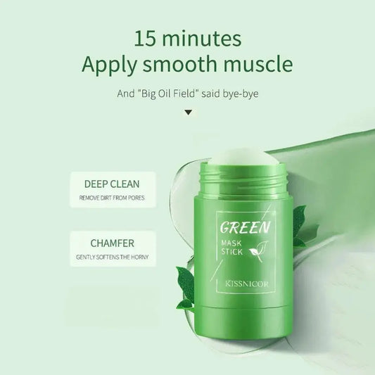 Green tea mask stick container, bright green cylinder with leaf logo