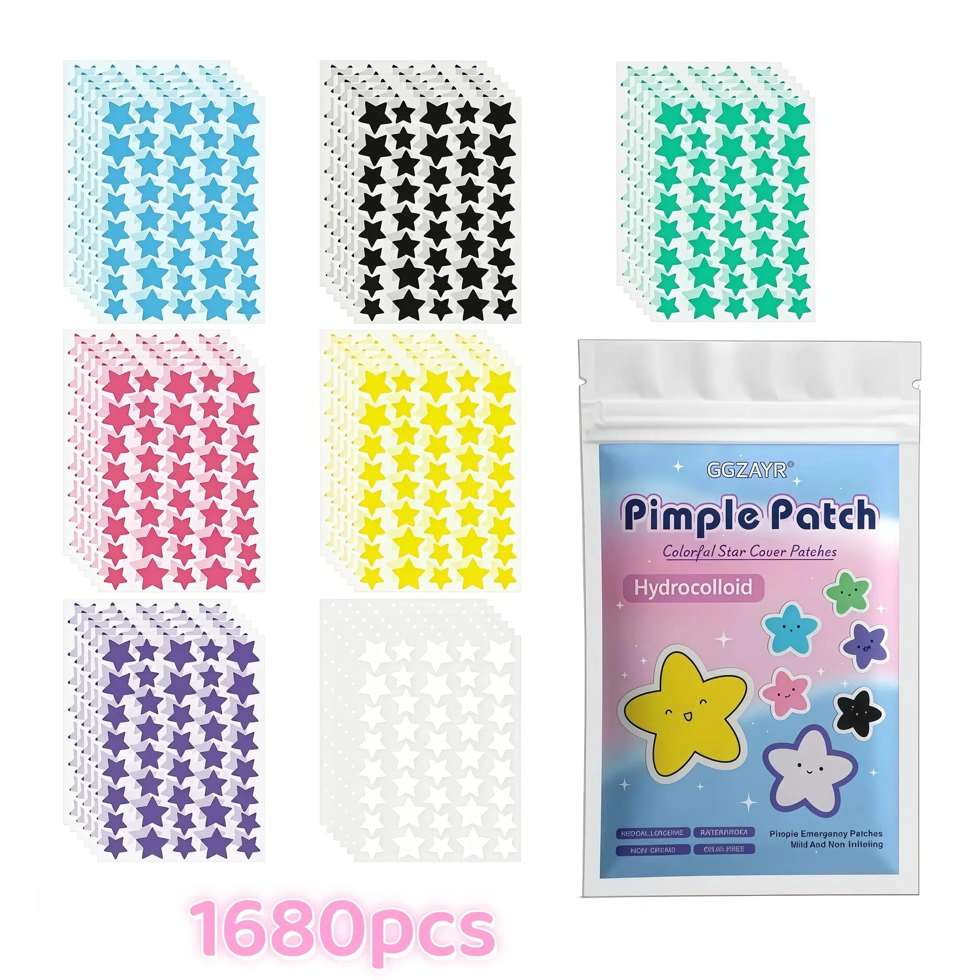 Hydrocolloid star pimple patch set, 1680-count multi-color star cover dots