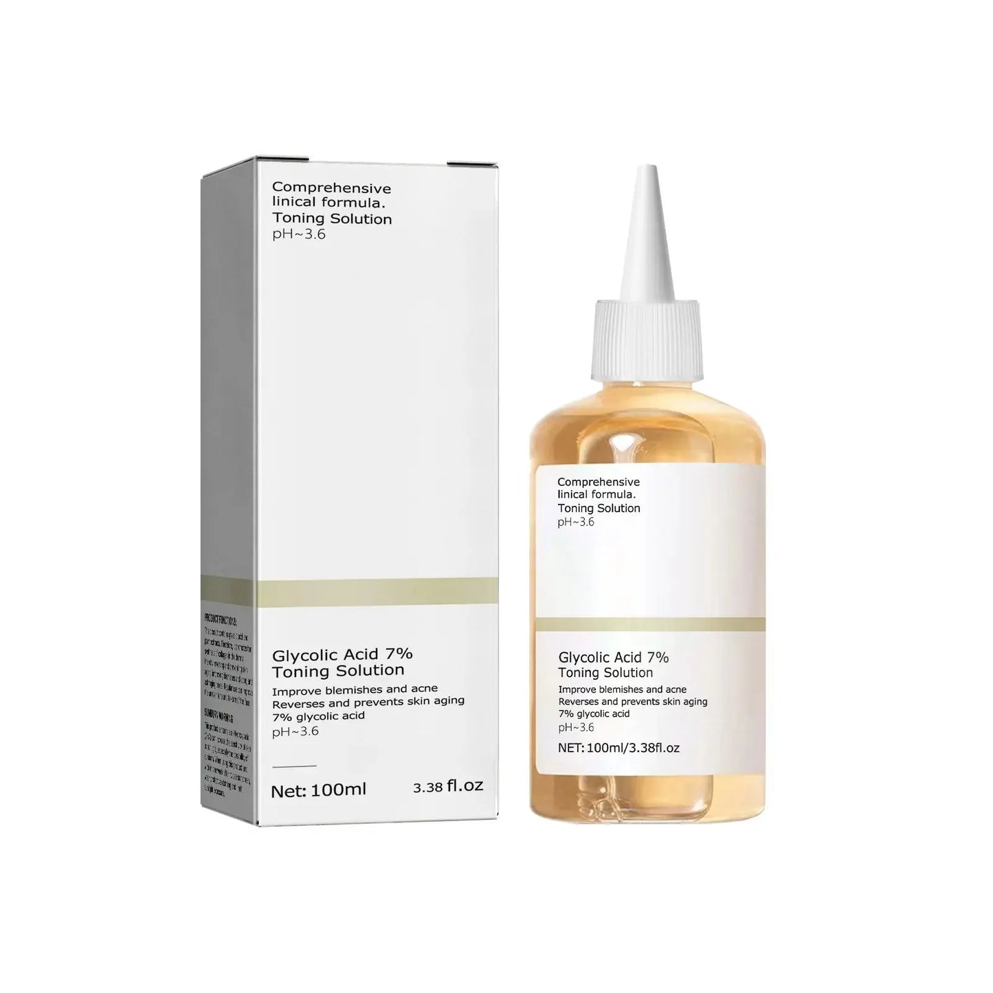 Glycolic acid 7% toning solution bottle with dropper alongside product box