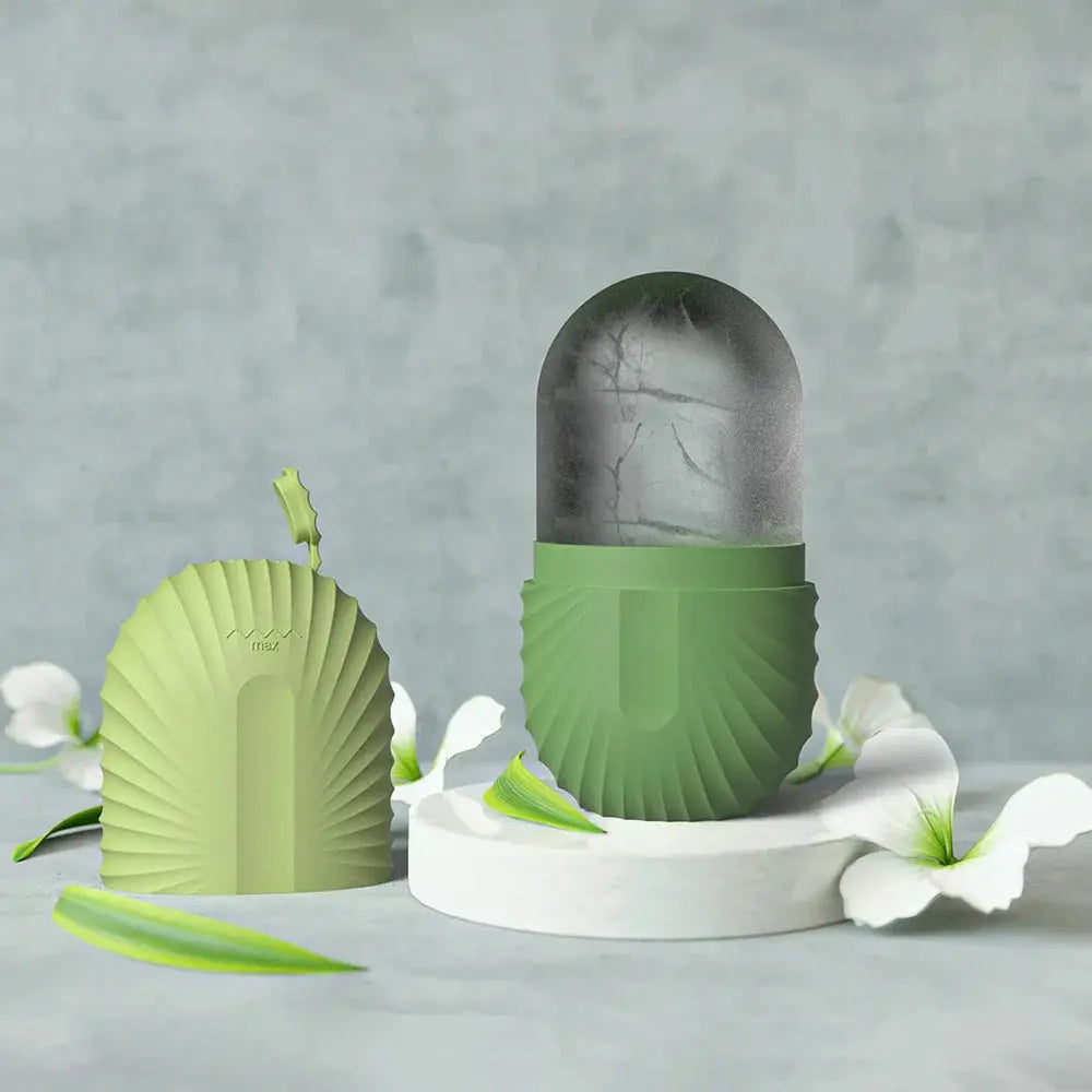 Green silicone ice facial roller with matching roller head and base