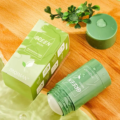 Green tea mask stick container with green box packaging and small jar cap