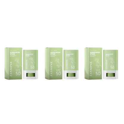 Jasmine SPF 50+ sunscreen stick product lineup: boxes and stick containers