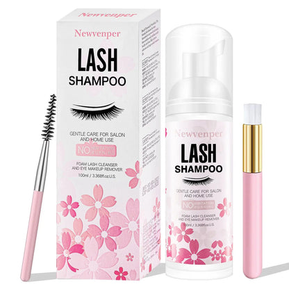 Lash shampoo bottle with pink flower graphics, plus fiber cleansing brush and wand