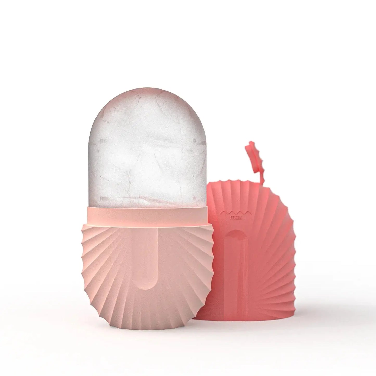 Silicone ice facial roller with peach silicone base and clear cracked ice head