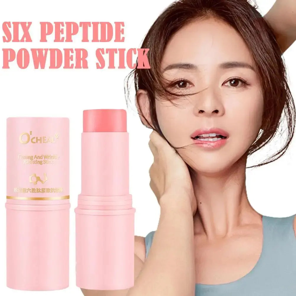 Pink O'CHEAL balm stick with cap beside face, smoothing skincare line graphics