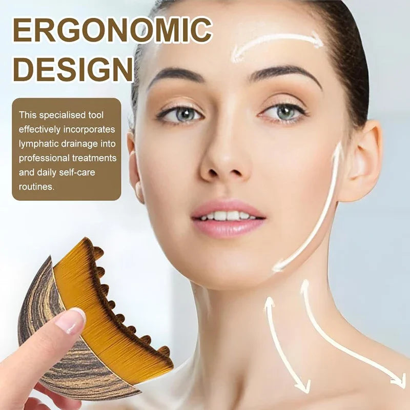 Lymphatic sculpting face brush with curved wooden base and soft golden bristles