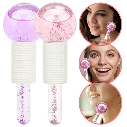 Purple and pink glitter ice crystal ball facial rollers with textured white handles, pair