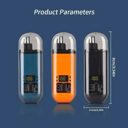 Set of nose hair trimmers in blue, orange, and black translucent shells