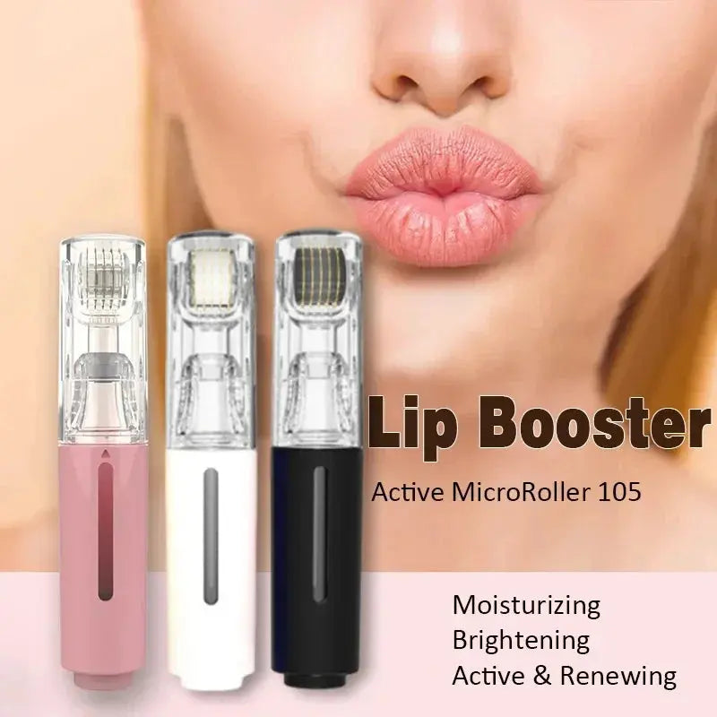 Micro roller lip booster pens set: pink, white, and black with clear needle heads