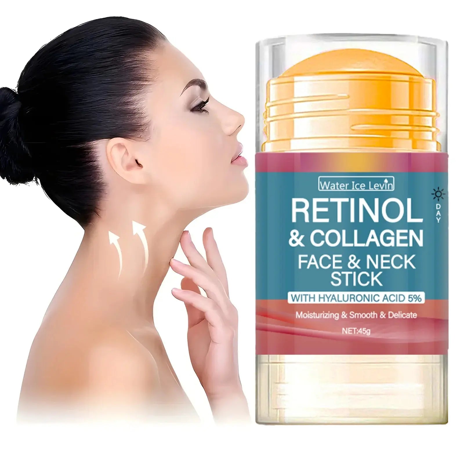 Retinol & Collagen face & neck stick with gold cap, shown beside face and neck care.