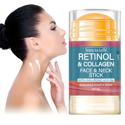Retinol & Collagen face & neck stick with gold cap, shown beside face and neck care.