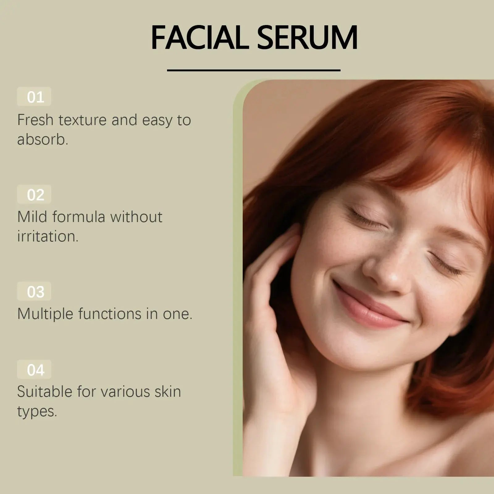 Woman with eyes closed and facial serum benefits label panel