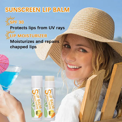 Sunscreen lip balm SPF 30 stick set with tubes shown near outdoor accessories