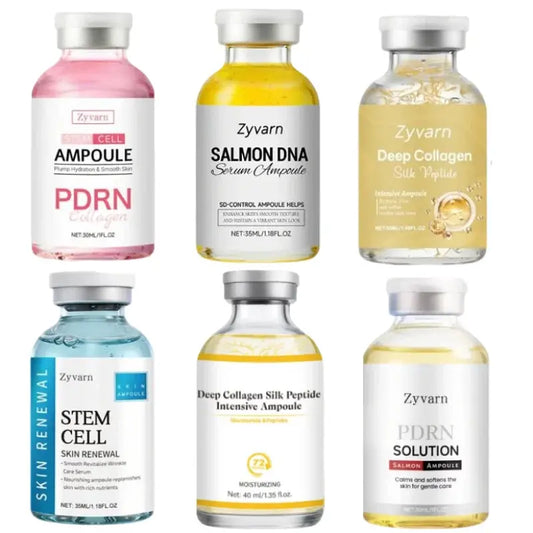 Assorted Zyvarn skincare ampoule bottles: pink, yellow, and clear options