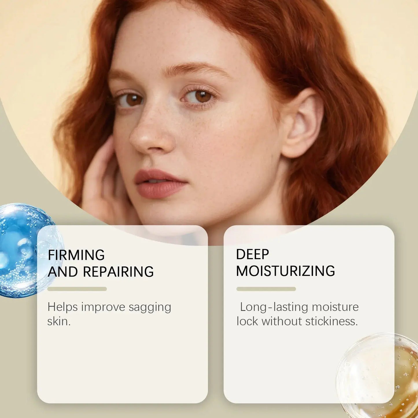 Woman close-up with firming and deep moisturizing label cards for facial serum