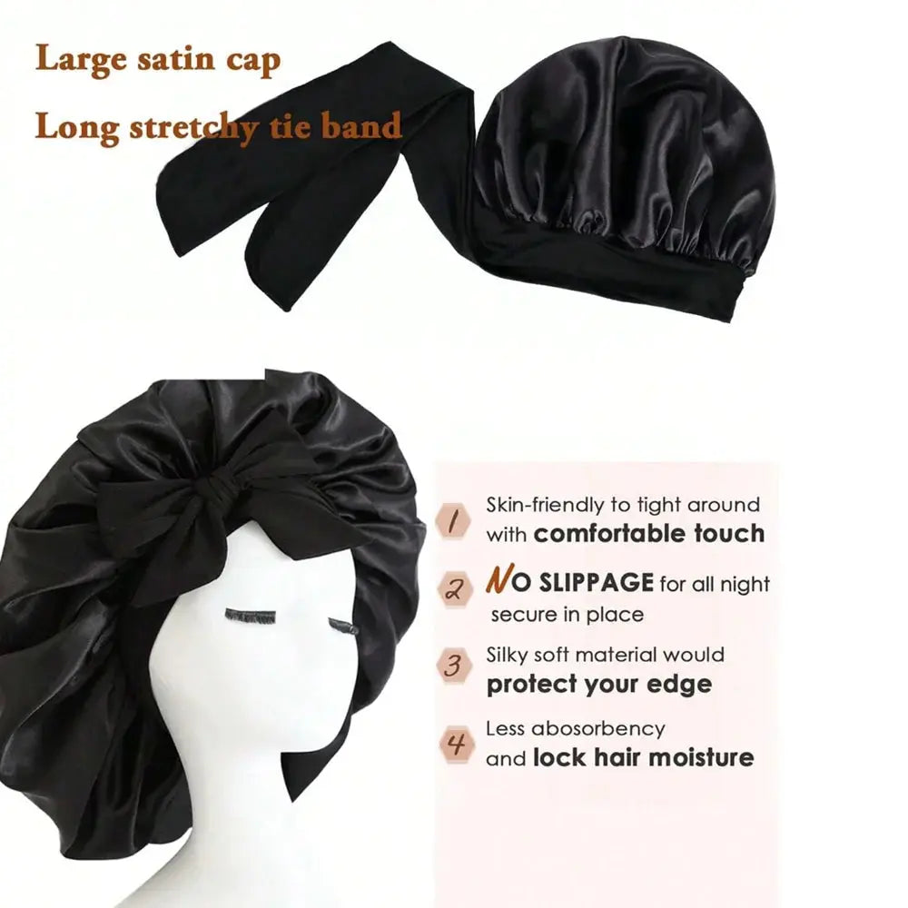 Black satin bonnet cap with long stretchy tie band, showing coverage and fit