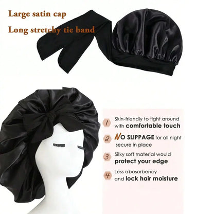 Black satin bonnet cap with long stretchy tie band, showing coverage and fit