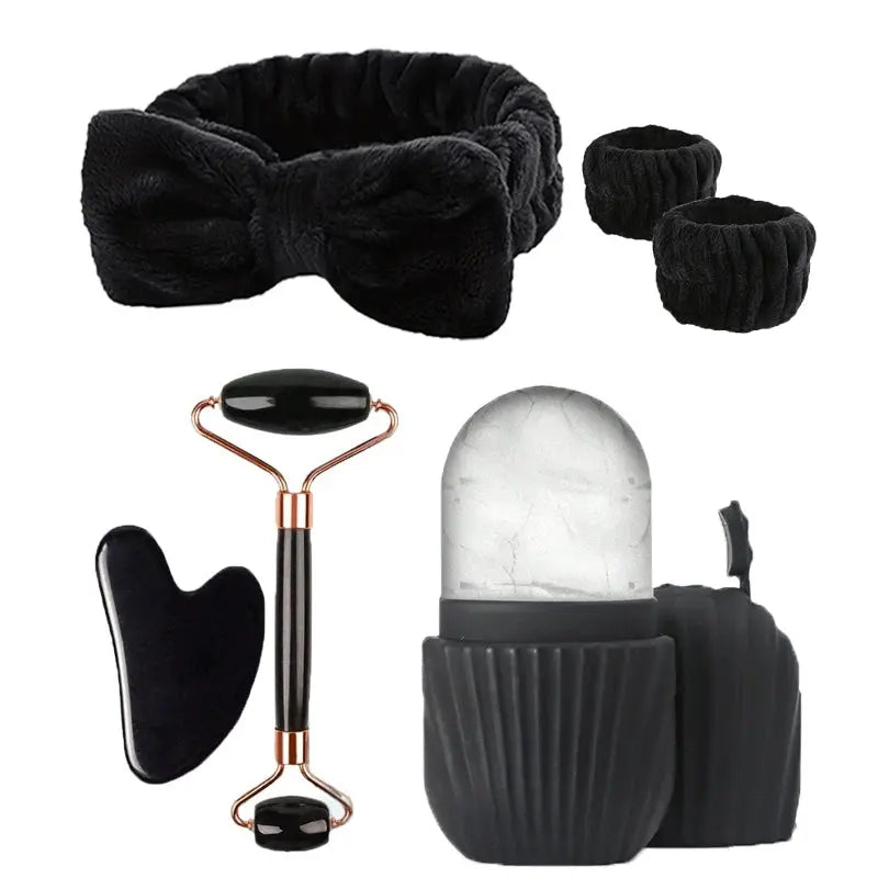 Black ice facial roller set with gua sha scraper and ice-cube molds