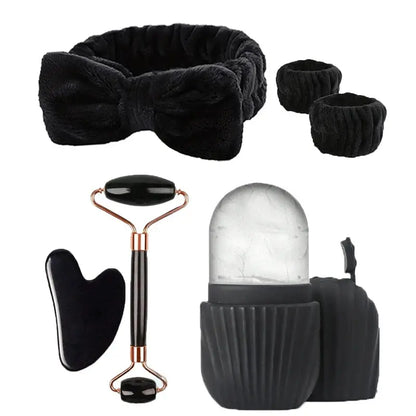 Black ice facial roller set with gua sha scraper and ice-cube molds