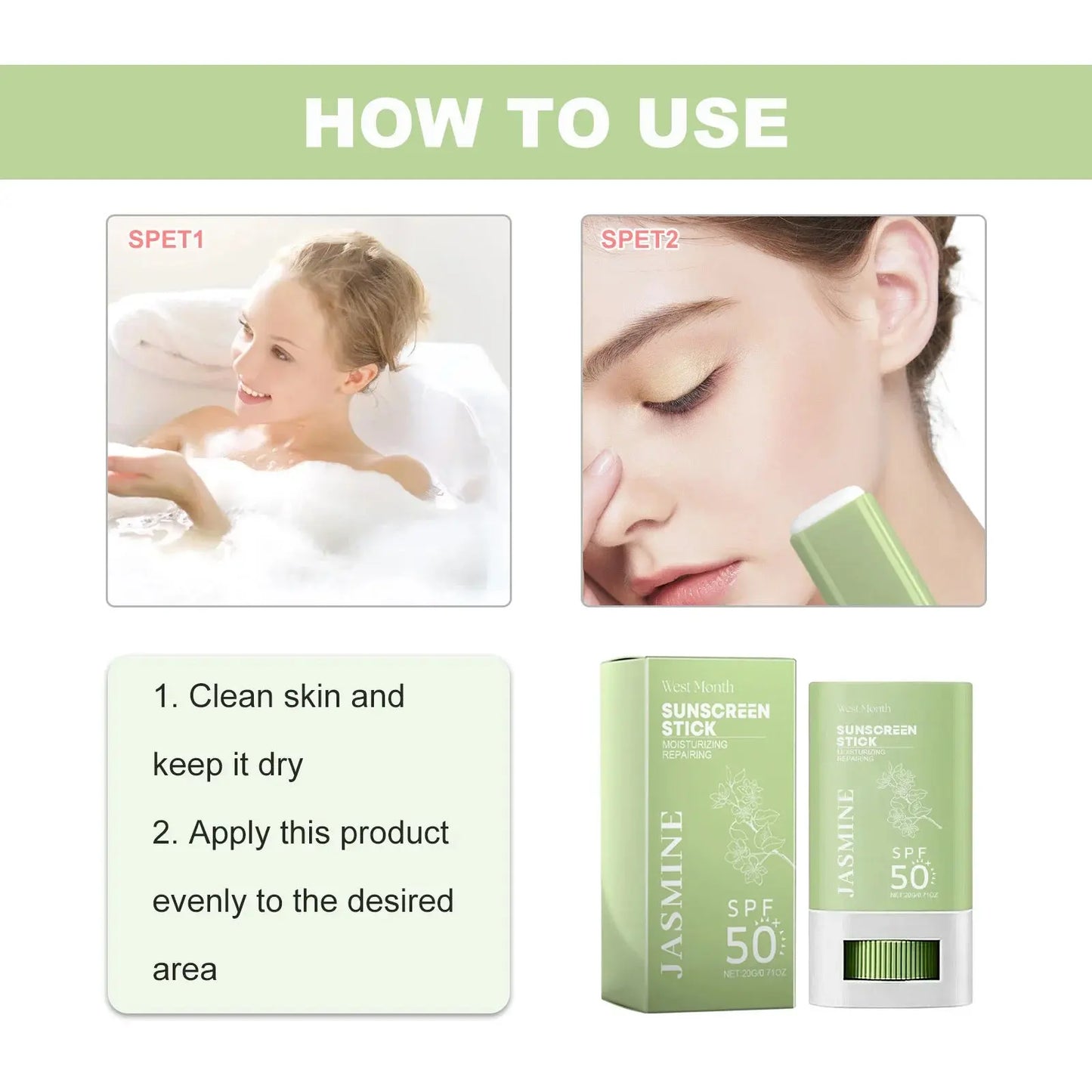 SPF 50+ sunscreen stick showing face application and Jasmine green product packaging
