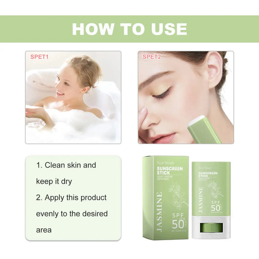 SPF 50+ sunscreen stick showing face application and Jasmine green product packaging