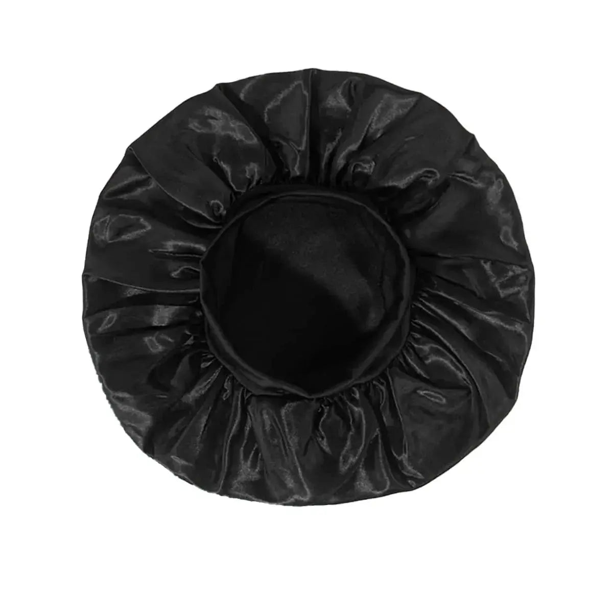 Black satin sleep bonnet with wide brim and gathered crown