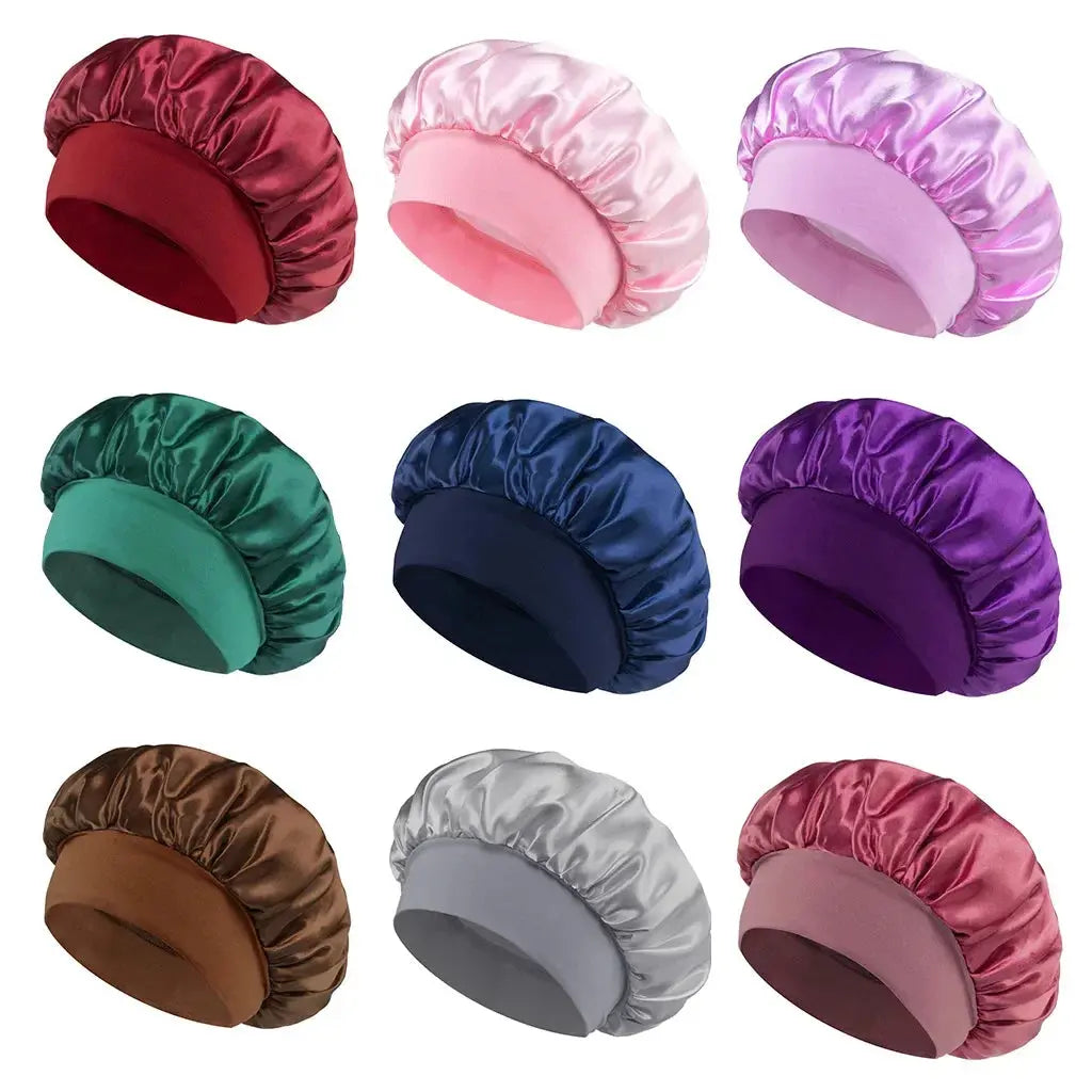 Assorted satin sleep bonnets set, each with wide brim and gathered crown