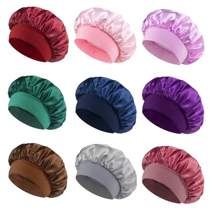 Assorted satin sleep bonnets set, each with wide brim and gathered crown